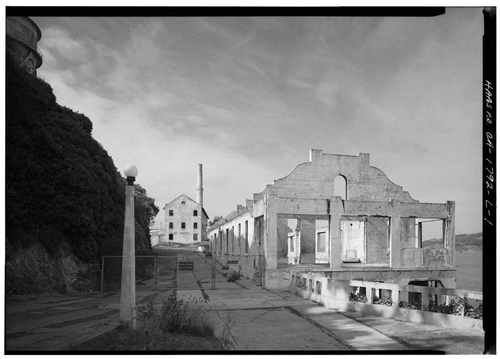 View of Alcatraz south end looking northeast toward Officers Club and surrounding buildings