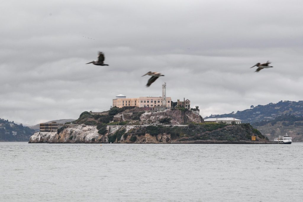 Alcatraz Island under grey winter skies on San Francisco Bay