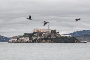 Alcatraz Island under grey winter skies on San Francisco Bay